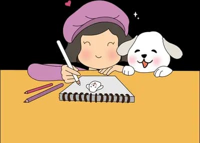 Girl in a purple beret drawing in a sketchbook at an orange desk with a white dog watching