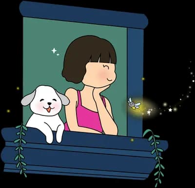 Woman and white dog sitting on a dark window ledge at night under a hanging lamp