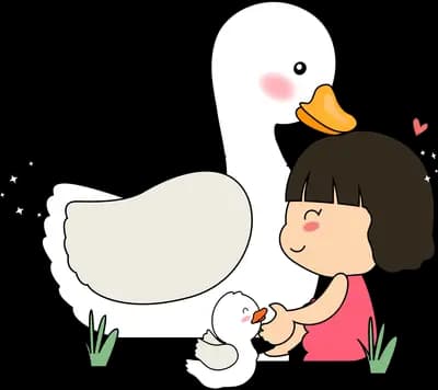 Girl kneeling in grass petting a large white goose and its duckling