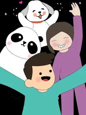 Cheering family in teal and purple with two pandas climbing on them