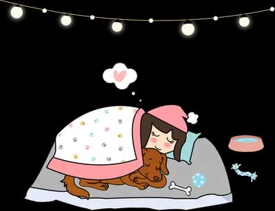 Girl asleep under a spotted duvet with a dog curled at her feet and a heart thought bubble