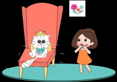 Cat in a crown lounging on a red armchair while a girl stands beside it on a rug