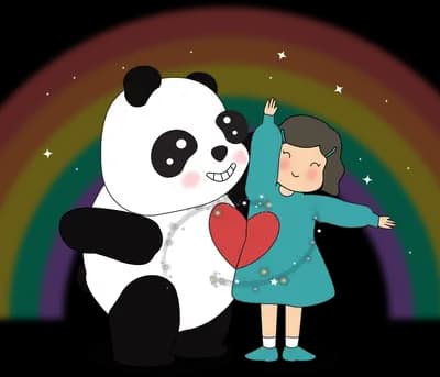 Panda and girl sitting together in front of a pastel rainbow holding a heart garland