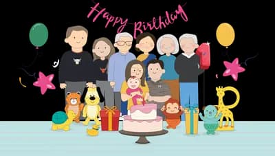 Large family gathered behind a birthday cake under a happy birthday banner with balloons and a dog