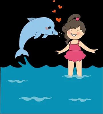 Girl standing at the water's edge watching a dolphin leap with hearts above