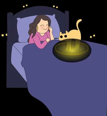Girl asleep in a purple bed with black cats perched around her and a glowing bowl