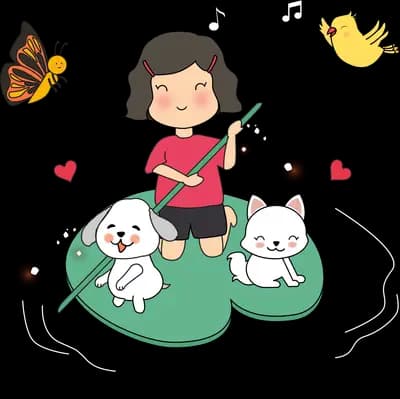 Girl standing on a green lily pad with a white dog and white cat, butterfly and bird nearby