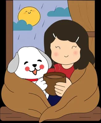 Girl wrapped in a blanket beside a white dog at a window with sun and clouds outside