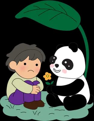 Boy and panda sheltering together under a big green leaf
