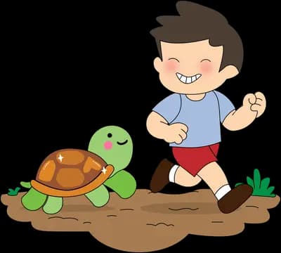 Boy running past a turtle across a brown mound