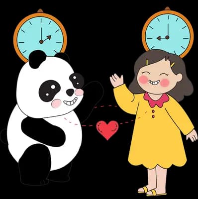 Panda and girl celebrating with alarm clocks above their heads and a heart between them