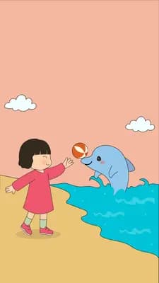 Girl crouching at the water's edge greeting a dolphin