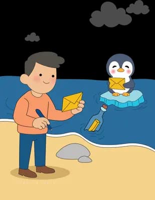 Man on a beach handing a fish to a penguin standing on an ice floe