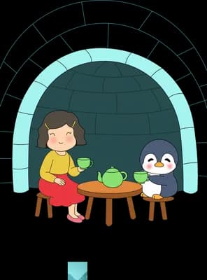 Girl and penguin sharing tea at a table outside an igloo