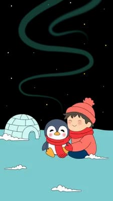 Girl in a red coat and a penguin beside an igloo with a trail winding behind them