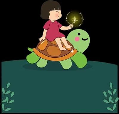 Girl riding a green turtle across dark water holding a glowing lamp