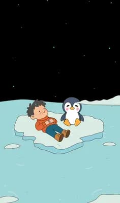 Boy lying on an ice floe looking through a telescope beside a penguin