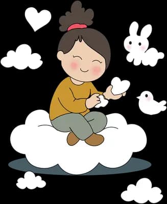 Girl lying on a cloud reaching out to small white birds with a heart drifting up