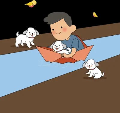 Boy paddling a paper boat down a blue stream with white puppies watching from the banks