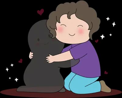 Girl hugging a big grey seal with little hearts floating around them