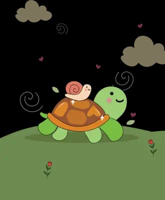 Girl lying face down on the shell of a big green turtle crossing a grassy hill