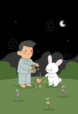 Man crouching to feed a big white rabbit on a lawn dotted with tiny mushrooms