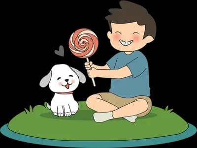 Boy sitting cross-legged on grass holding a big swirl lollipop beside a white dog