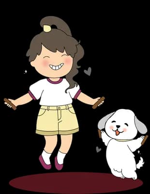 Girl skipping a jump rope while a white dog leaps beside her