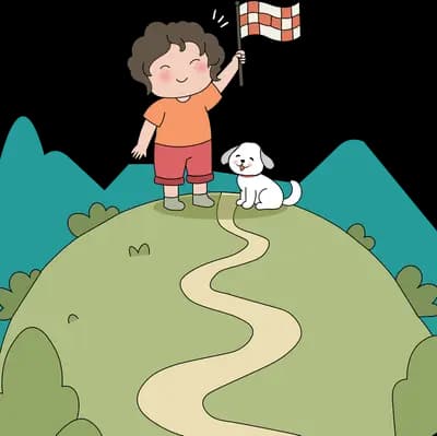 Boy planting a flag at the top of a round green hill with a white dog beside him