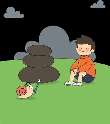 Boy sitting on a lawn beside a tall stack of balanced stones with a snail nearby