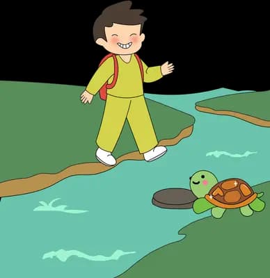 Boy stepping along a narrow path across a green river while a turtle rests on a rock