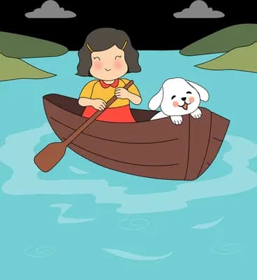 Girl rowing a wooden boat across a lake with a white puppy sitting at the bow