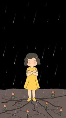 Girl in a yellow dress standing in falling rain on a branch lined with dark birds
