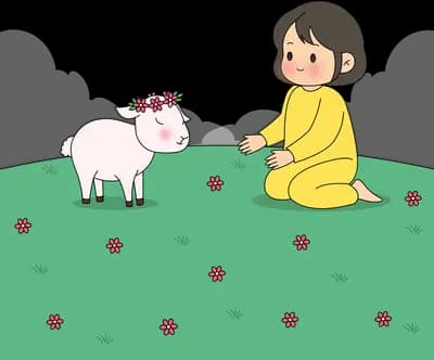 Girl in yellow sitting on a flowering meadow feeding a pink lamb wearing a flower crown