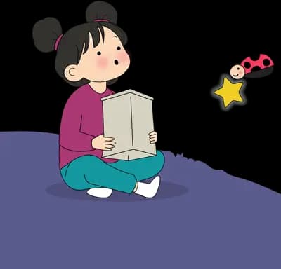 Girl holding an open box while a ladybug flies away