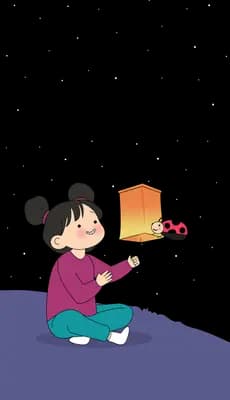Girl kneeling on a purple slope holding an orange box with a ladybug beside it