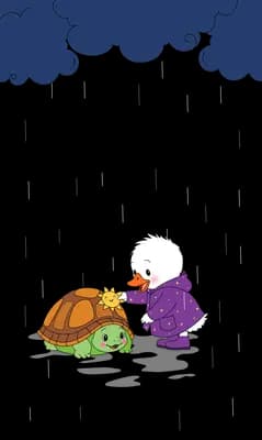 Child in a purple coat crouching beside a tortoise under dark clouds