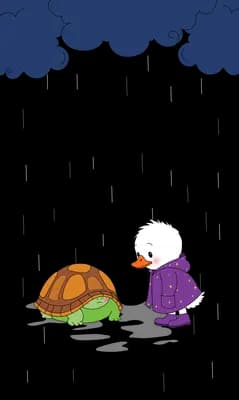 Child in a purple coat standing over a tortoise beneath dark clouds