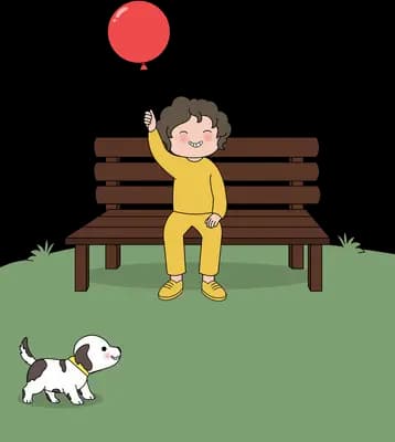 Boy standing on a bench holding up a red balloon with his dog nearby