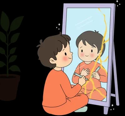 Girl before a mirror with a black bird on her head as a golden light fills the corner