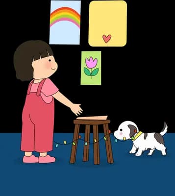 Girl beside her stool of drawings as a white dog trots up to her