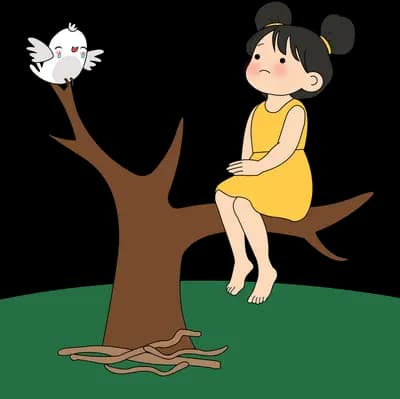 Girl in yellow sitting on a bare tree branch beside a small white bird