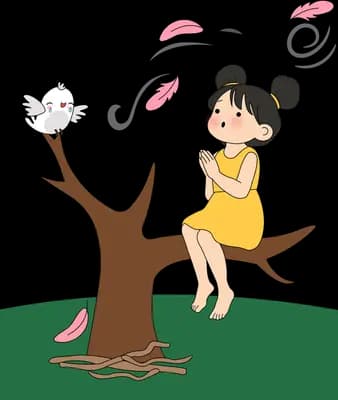Girl on a tree branch with a white bird as pink petals drift past