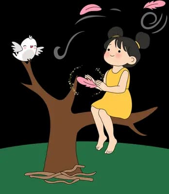Girl on a branch holding a beaded string with two white birds and falling petals