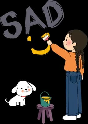 Girl brushing yellow paint over a grey blot while her dog waits by the paint pot