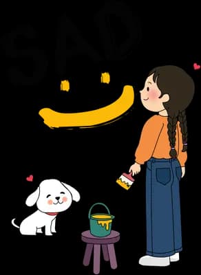 Girl painting a yellow arc on the wall with a heart above and her dog nearby