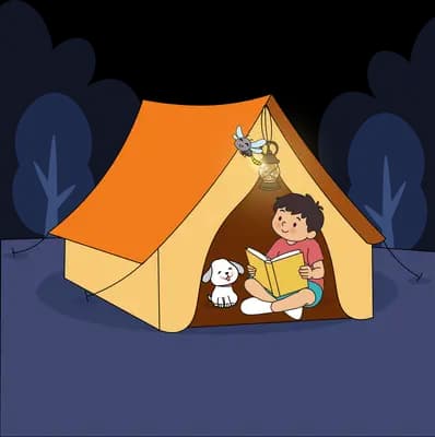 Girl reading by lantern light inside an orange tent with her white dog