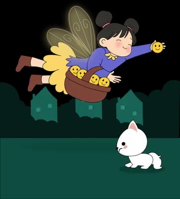 Girl in purple flying over the field with a basket of smiley fruit above a white kitten