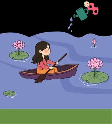 Girl rowing a purple boat on a blue pond while a ladybug pours a watering can from above
