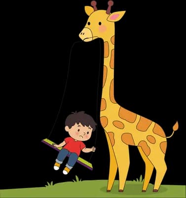 Boy riding a swing hung from a tall giraffe's neck